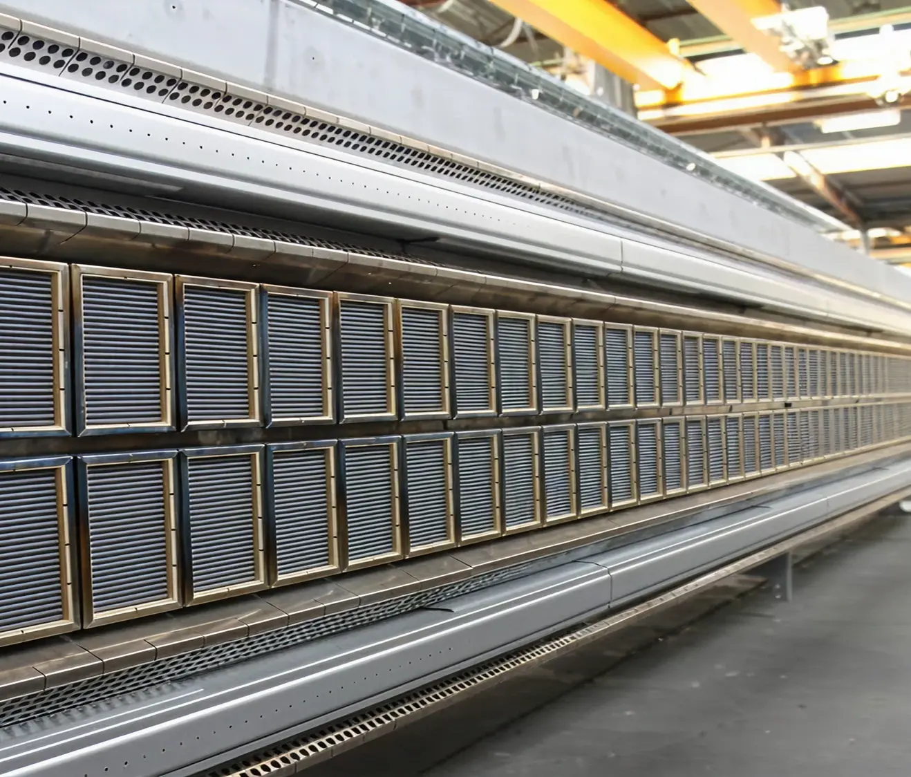Close-up of large horizontal metal panels arranged in a drying system.