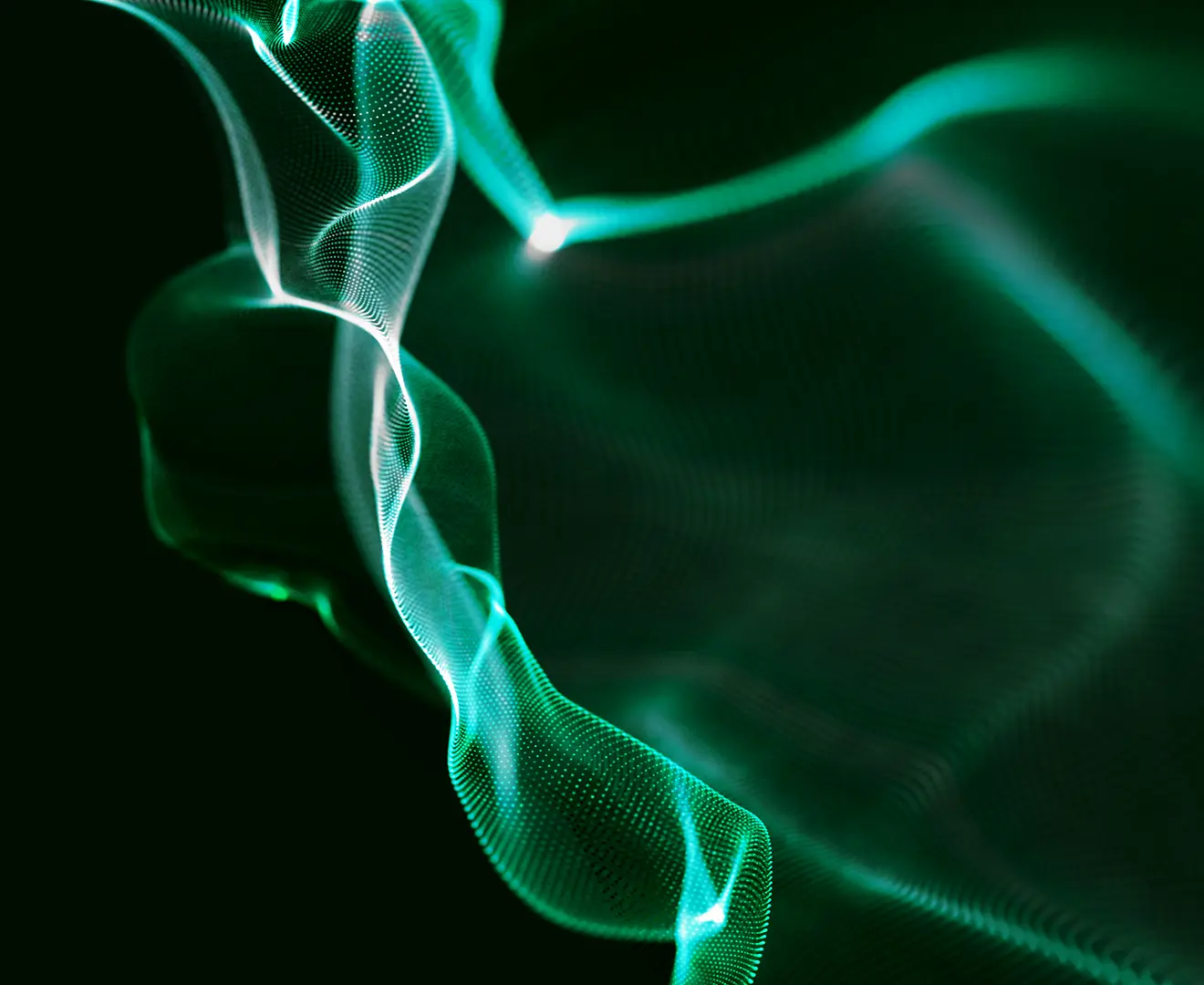 Abstract green digital wave pattern with glowing lines and dots.