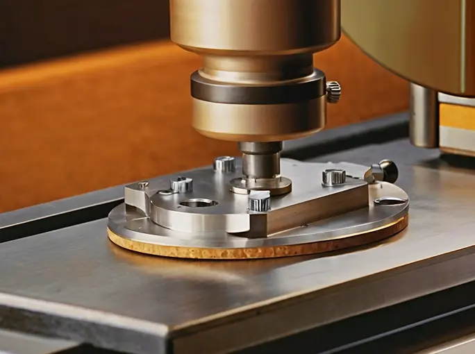 Industrial machining process showing a drill head working on a circular metal part.