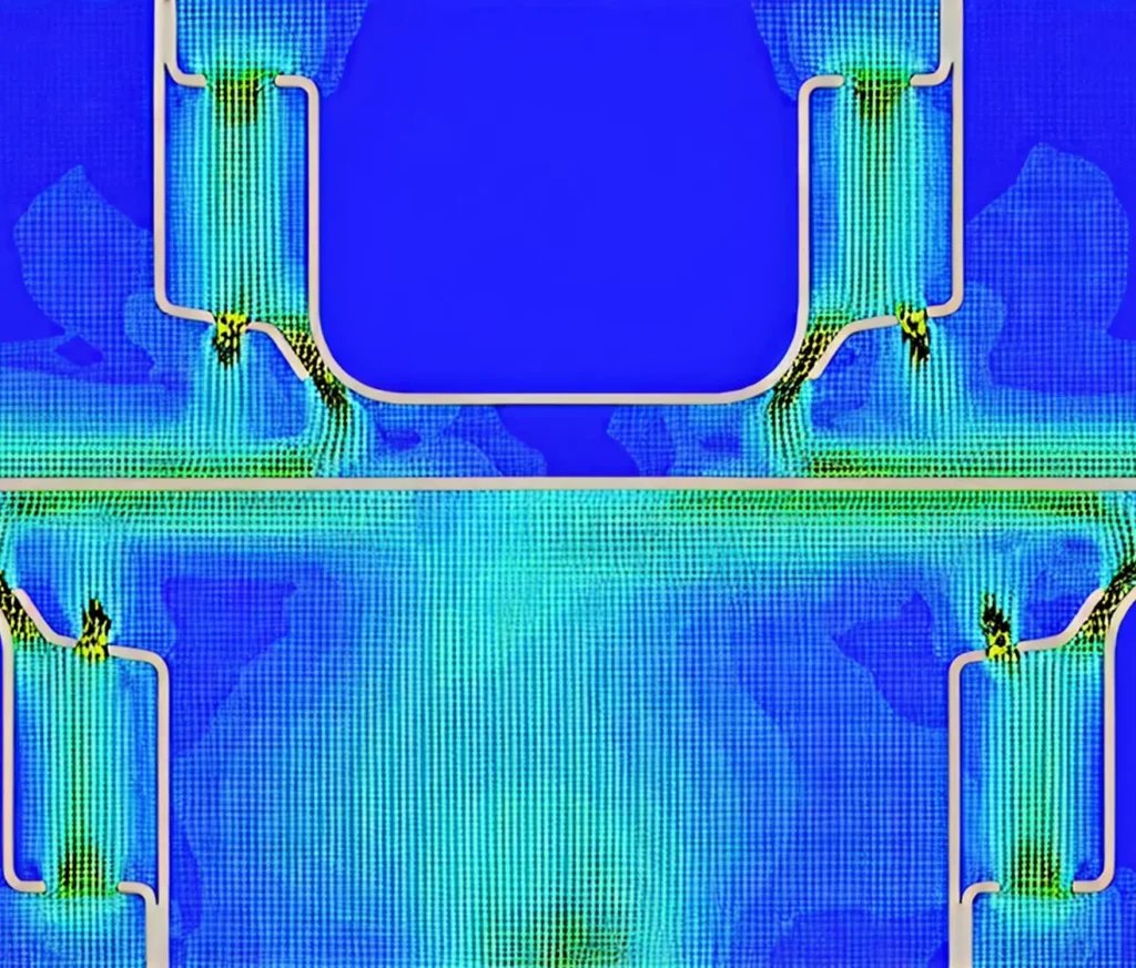 Flow simulation, showing streamlines and colored contours.