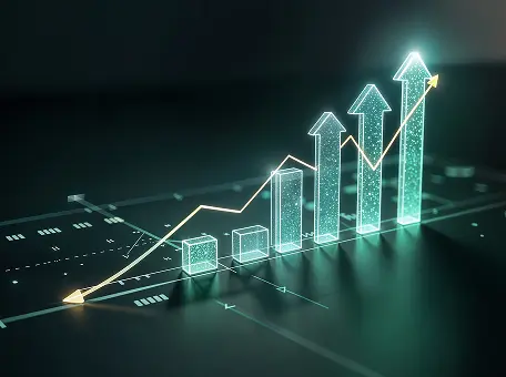 Glowing 3D digital bar chart with upward arrows symbolizing industrial growth and performance improvement.