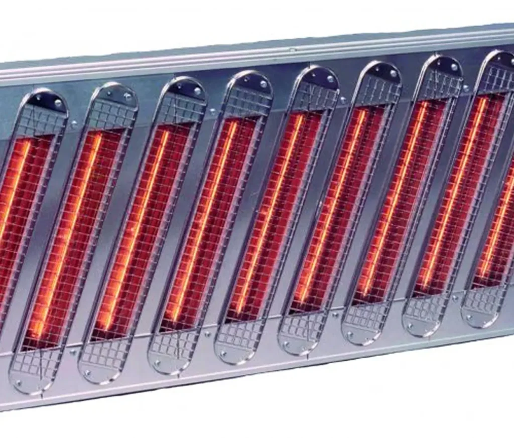 Infrared heating panel featuring multiple radiant elements behind metal mesh.
